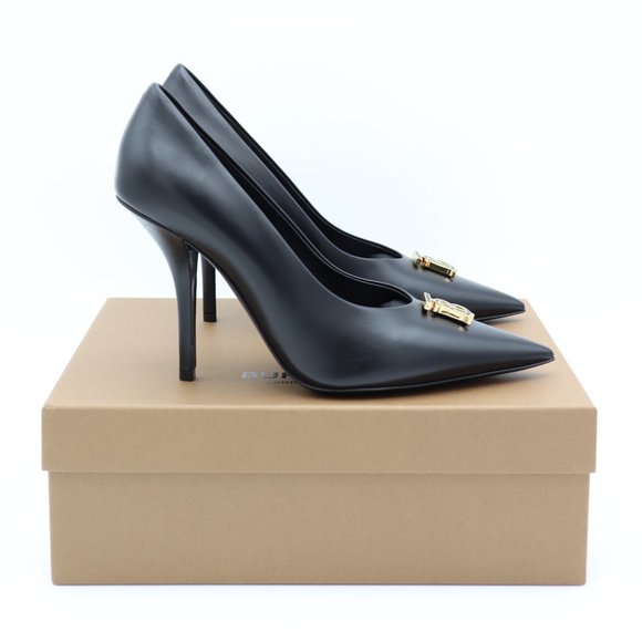 NIB Burberry Ezra Black Leather Monogram Point-Toe Pumps Heels - Picture 5 of 12